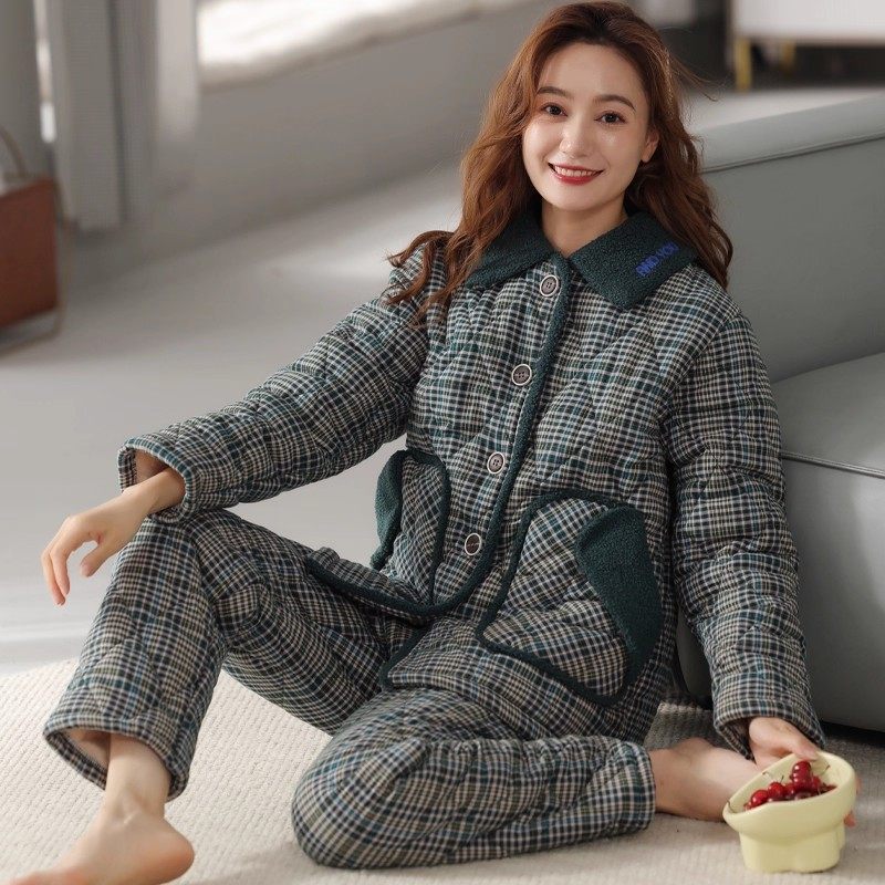 睡衣女士长袖加厚纯棉家居服秋冬季三层夹棉保暖格子中年妈妈套装,淘宝优惠券,粉丝福利购,淘宝优惠卷