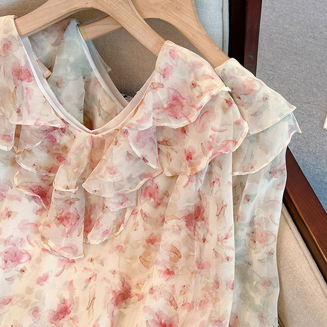 ເສື້ອຢືດ Chiffon ພິມເສື້ອ bell sleeves niche