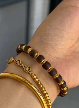 爆款铜镀金镶嵌天然沉香佛珠直切药片手链文玩算盘珠隔片男女款