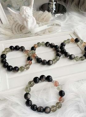 【2024新款】DIKAI天然水晶手链DIY银曜石搭配绿发手串圆珠单圈黑
