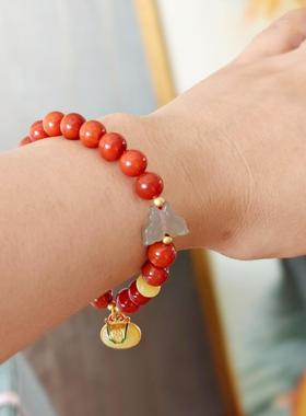 原创设计天然南红玛瑙手链新中式国风蜜蜡福牌本命年红色女款手串