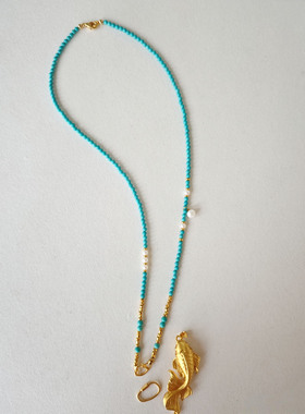 绿松石项链金鱼吊坠可拆卸万能链天然淡水珍珠串珠毛衣链多用挂绳