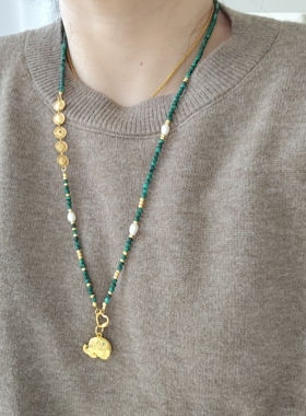 天然孔雀石项链女天使宝宝吊坠唐卡可拆卸万能链新中式长款毛衣链