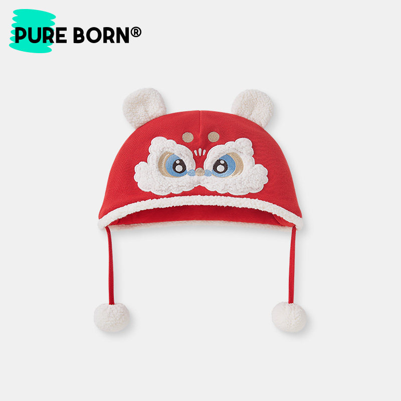 博睿恩男女宝宝新年款帽子2025秋冬新款婴儿加绒保暖醒狮护耳帽,淘宝优惠券,粉丝福利购,淘宝优惠卷