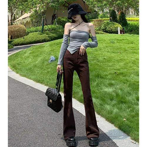 Ретро осенние джинсы, штаны, универсальные леггинсы, высокие эластичные штаны-клёш, европейский стиль, высокая талия, по фигуре