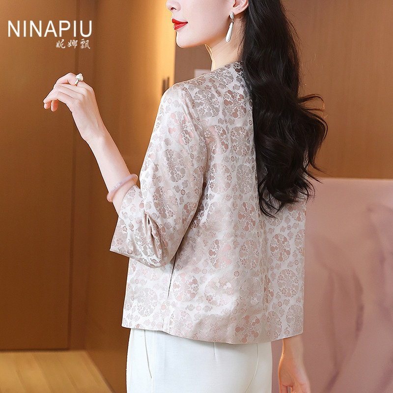 妮娜飘高级感宋锦真丝上衣女春夏短款国风圆领休闲百搭桑蚕丝外套,淘宝优惠券,粉丝福利购,淘宝优惠卷
