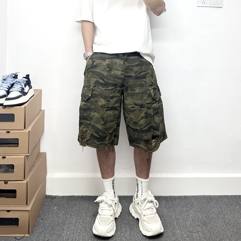夏季宽松版休闲男士短裤潮牌多口袋破洞刮烂设计感迷彩工装五分裤,淘宝优惠券,粉丝福利购,淘宝优惠卷