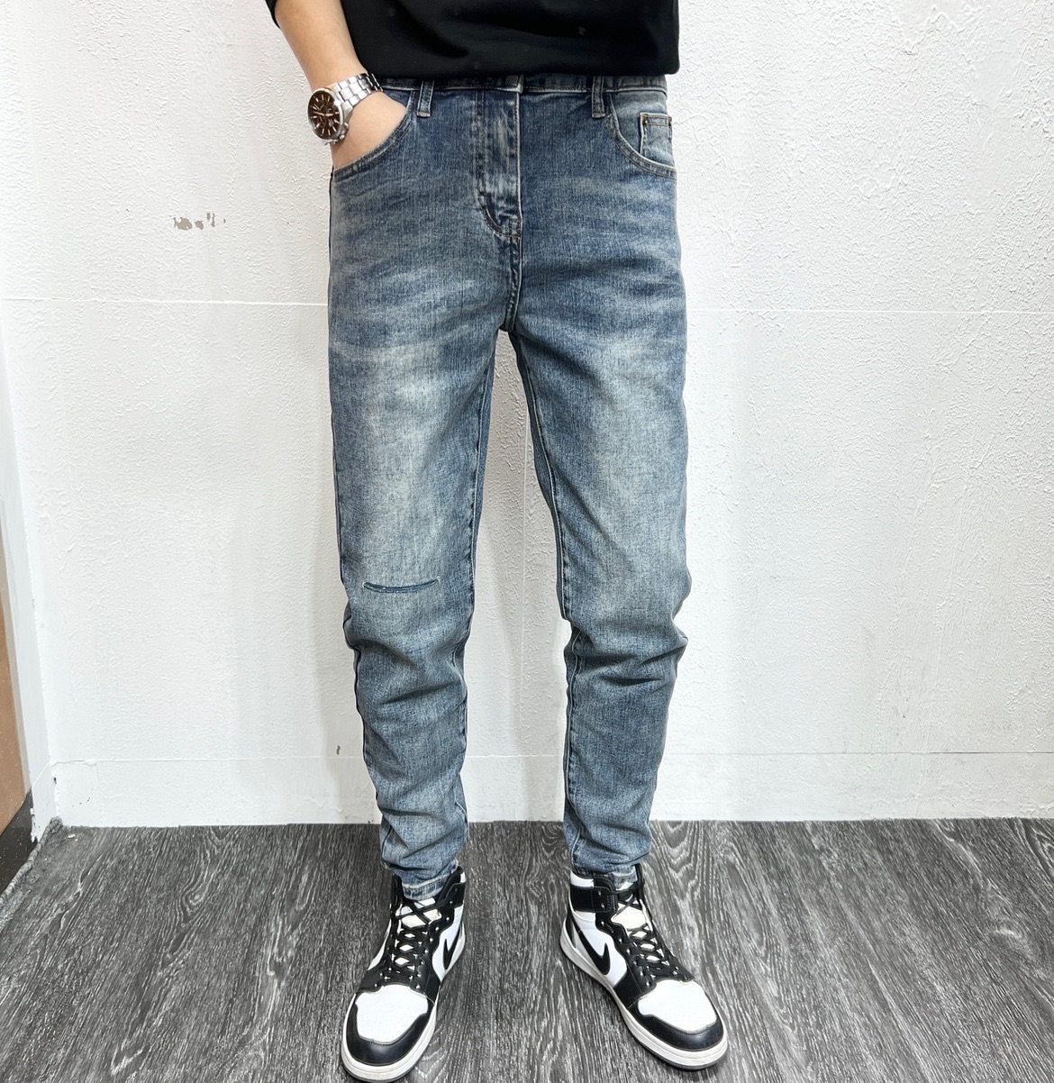 秋季新款牛仔裤男潮牌美式微垮小脚九分裤潮男百搭修身长裤子男 - 图1