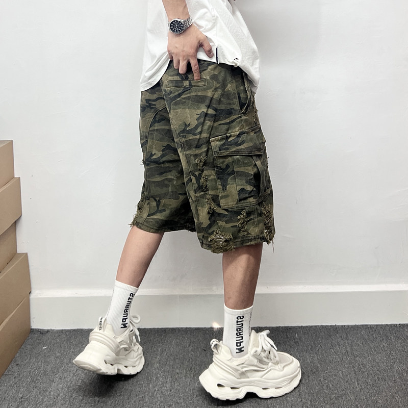 夏季宽松版休闲男士短裤潮牌多口袋破洞刮烂设计感迷彩工装五分裤,淘宝优惠券,粉丝福利购,淘宝优惠卷