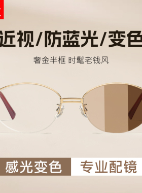 感光变色老钱风金丝半框墨镜女款