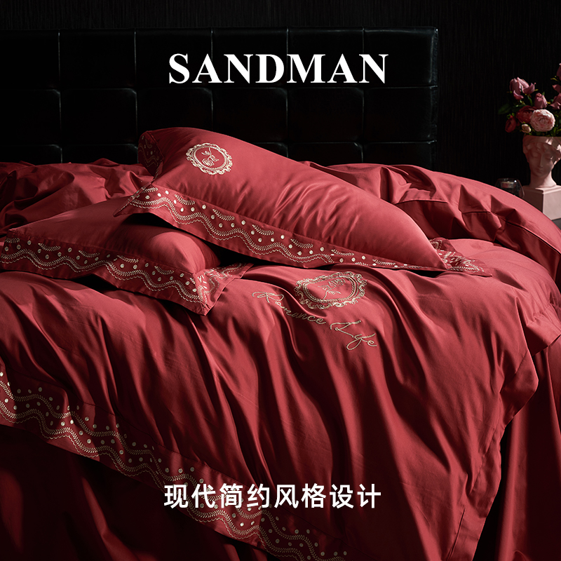 SANDMAN世纪婚庆贡缎长绒棉四件套红色喜嫁轻奢全棉新婚床上床品-图0