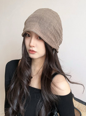 老钱风亚麻褶皱遮耳堆堆帽女春夏