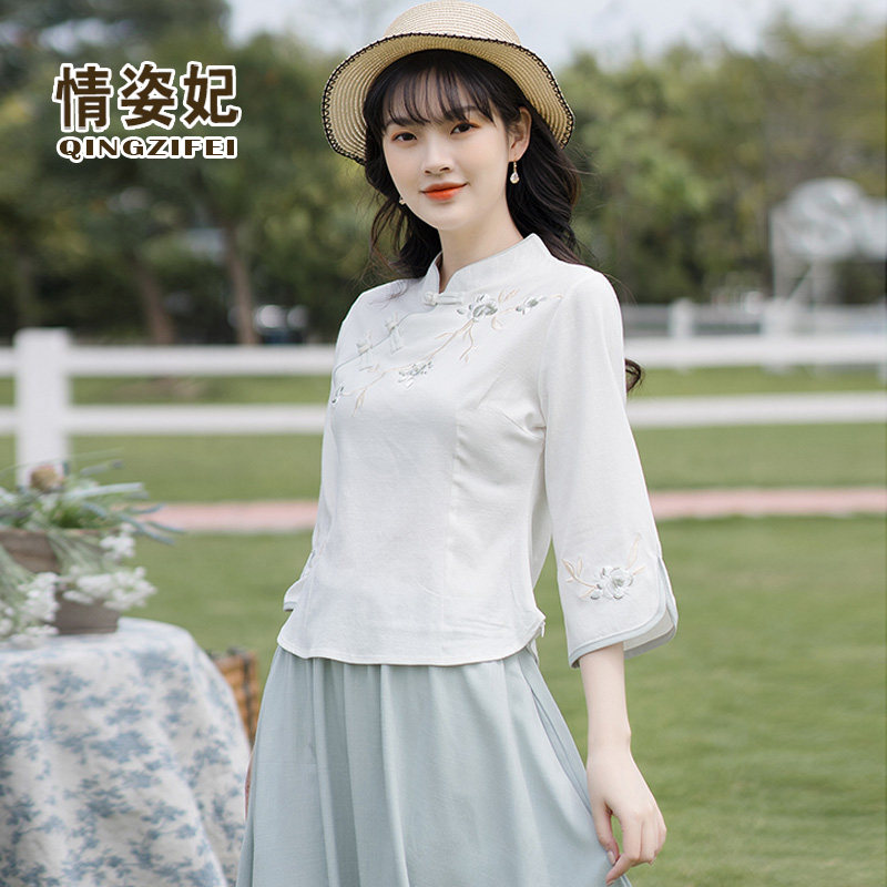 民国大码复古唐装茶服棉麻清新旗袍 情姿妃上衣