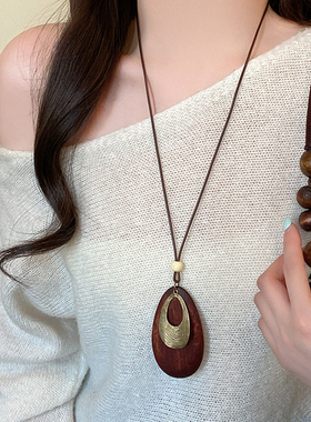 新中式禅意不规则圆环吊坠项链女款百搭配饰品民族风毛衣链锁骨链