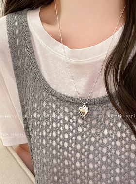 博主同款 韩系ins风银色爱心吊坠项链高级感轻奢设计毛衣链配饰品