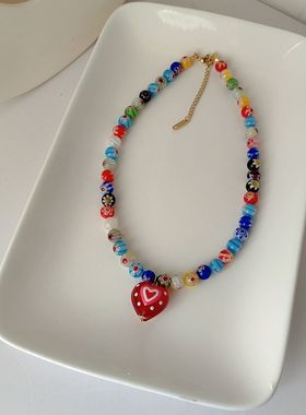 可爱彩色串珠项链红色爱心复古琉璃吊坠锁骨链颈链夏季新款配饰潮