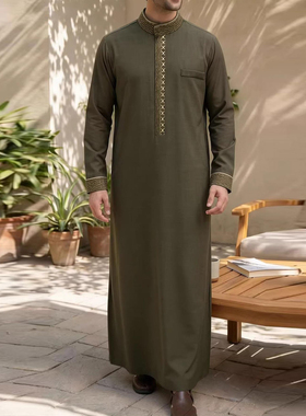 民族风男士立领长袍宽松穆斯林袍长衫黑色阿拉伯服饰Men's Thobe
