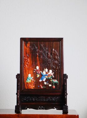 大红酸枝百宝嵌童子插屏中式茶室桌面装饰摆件收藏品