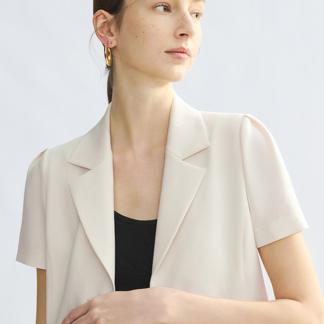 Langzi 25 flat lapel acetate short-sleeved business suit jacket black and white ol commuter style suit for women summer ຮູບແບບໃຫມ່