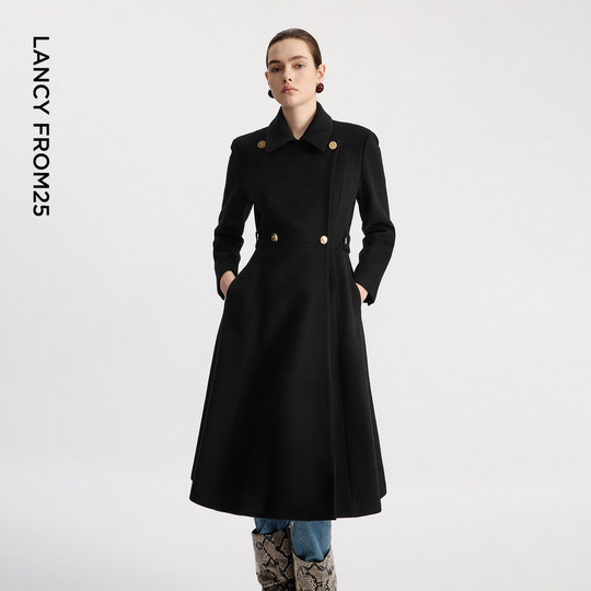 朗姿优雅黑色冬季新款设计感法式赫本风羊毛大衣翻领收腰毛呢