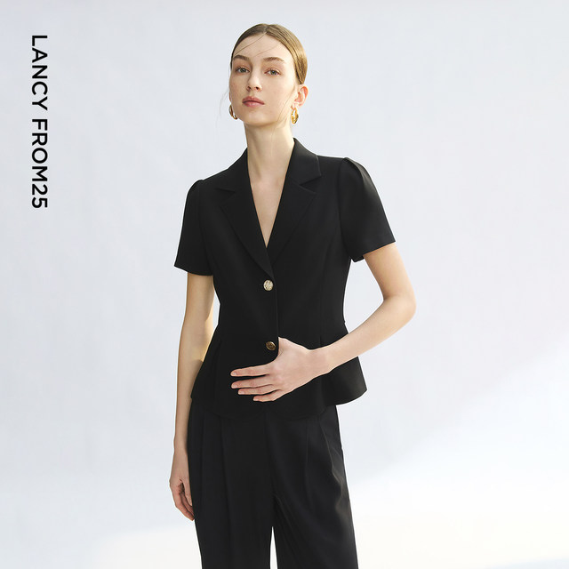 Langzi 25 flat lapel acetate short-sleeved business suit jacket black and white ol commuter style suit for women summer ຮູບແບບໃຫມ່