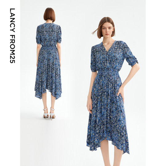 朗姿高级感气质显瘦泡泡袖连衣裙夏季新款别致裙子女设计感小众