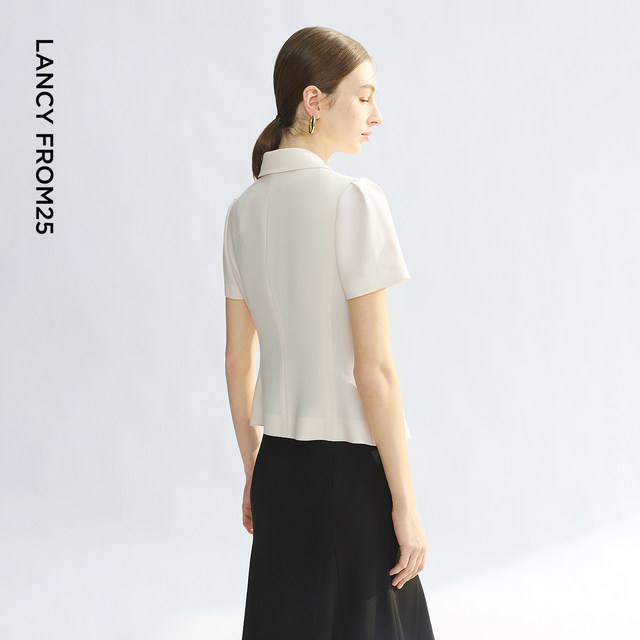 Langzi 25 flat lapel acetate short-sleeved business suit jacket black and white ol commuter style suit for women summer ຮູບແບບໃຫມ່