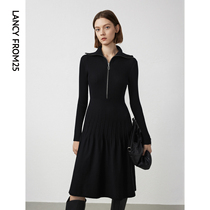 Lanpose style flip-collar display slim superior knit dress Dress Temperament Closets Slim Black Dress 2024 Spring New