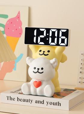 奶油风可爱线条小狗桌面时钟摆件摆台式钟表摆放式卧室家居装饰品