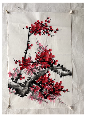68X45厘米国画纯手绘花鸟画四尺三开梅花红梅报喜AA6013101-15