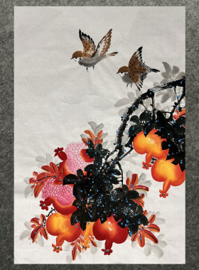 精品国画纯手绘景哲风格花鸟画四尺三开石榴笑口常开AC4123202