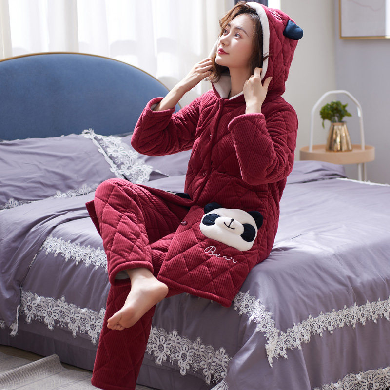 睡衣女冬款珊瑚绒夹棉开衫加厚红色本命年秋法兰绒加绒家居服套装,淘宝优惠券,粉丝福利购,淘宝优惠卷