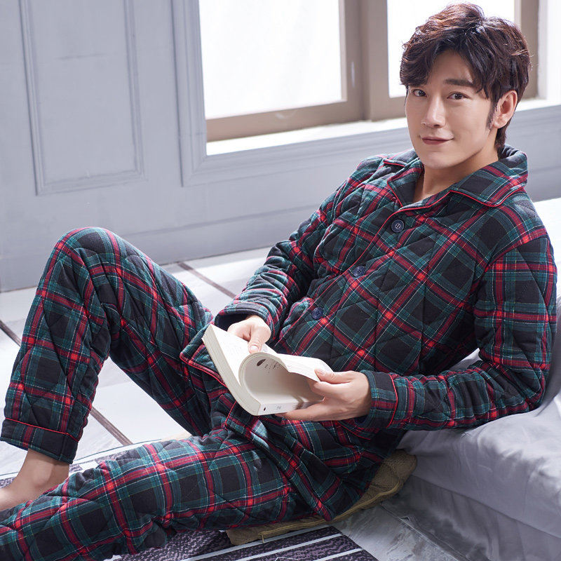 圆人男睡衣冬季加厚纯棉夹棉秋冬款家居服格子开衫2025中老年套装,淘宝优惠券,粉丝福利购,淘宝优惠卷