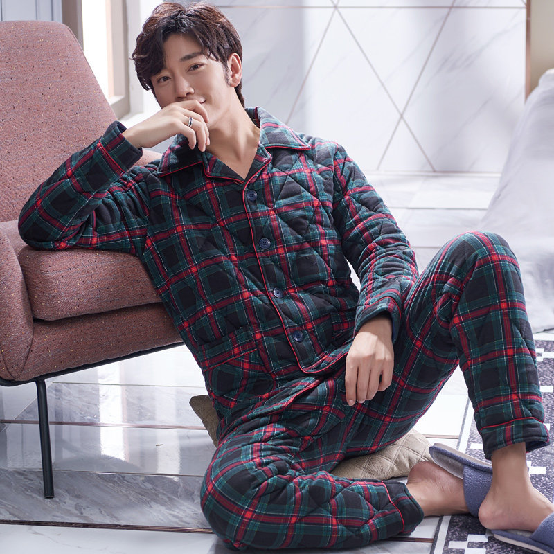 圆人男睡衣冬季加厚纯棉夹棉秋冬款家居服格子开衫2025中老年套装,淘宝优惠券,粉丝福利购,淘宝优惠卷