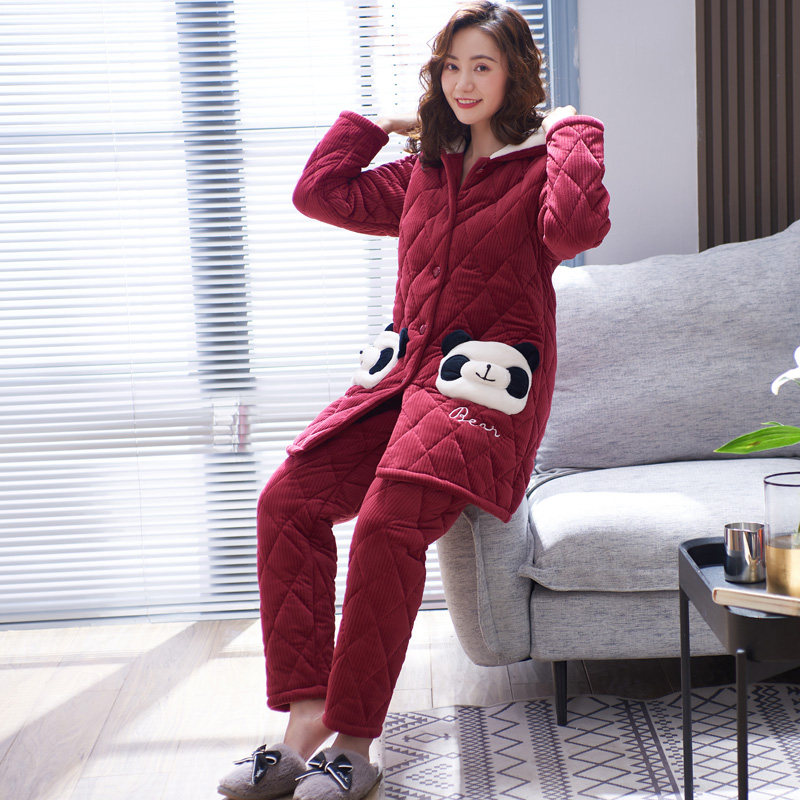 睡衣女冬款珊瑚绒夹棉开衫加厚红色本命年秋法兰绒加绒家居服套装,淘宝优惠券,粉丝福利购,淘宝优惠卷