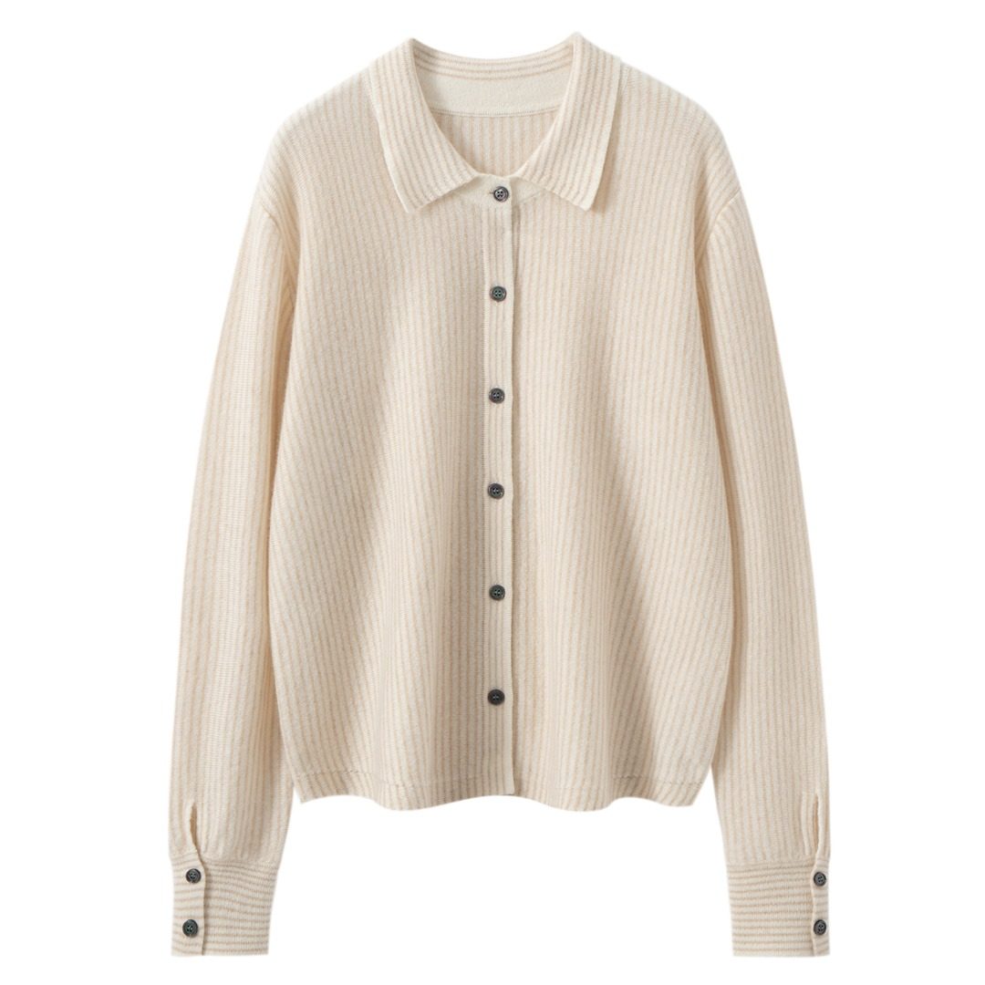 竖条纹撞色条纹控polo领100%山羊绒衬衫秋冬针织羊绒衬衣开衫,淘宝优惠券,粉丝福利购,淘宝优惠卷