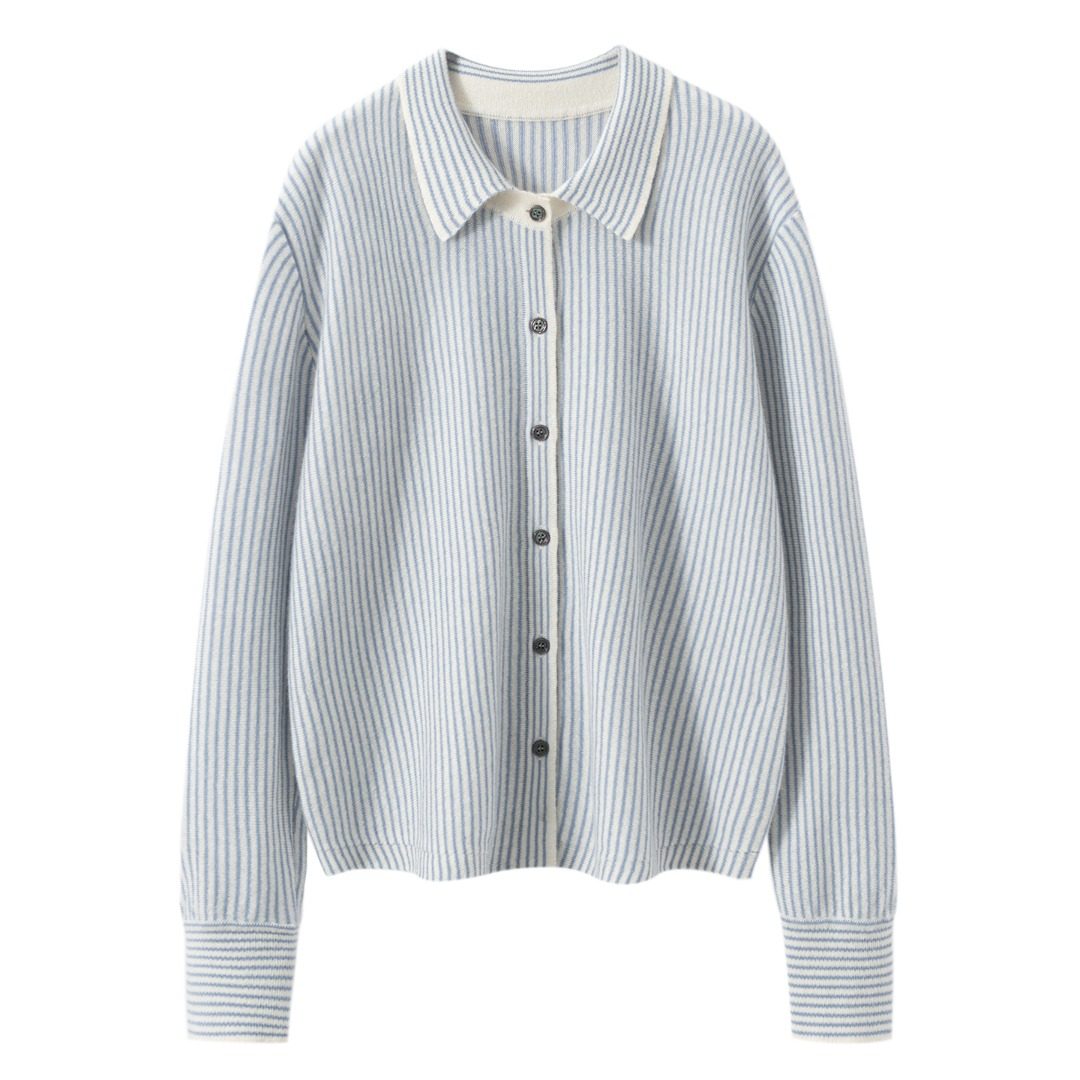 竖条纹撞色条纹控polo领100%山羊绒衬衫秋冬针织羊绒衬衣开衫,淘宝优惠券,粉丝福利购,淘宝优惠卷