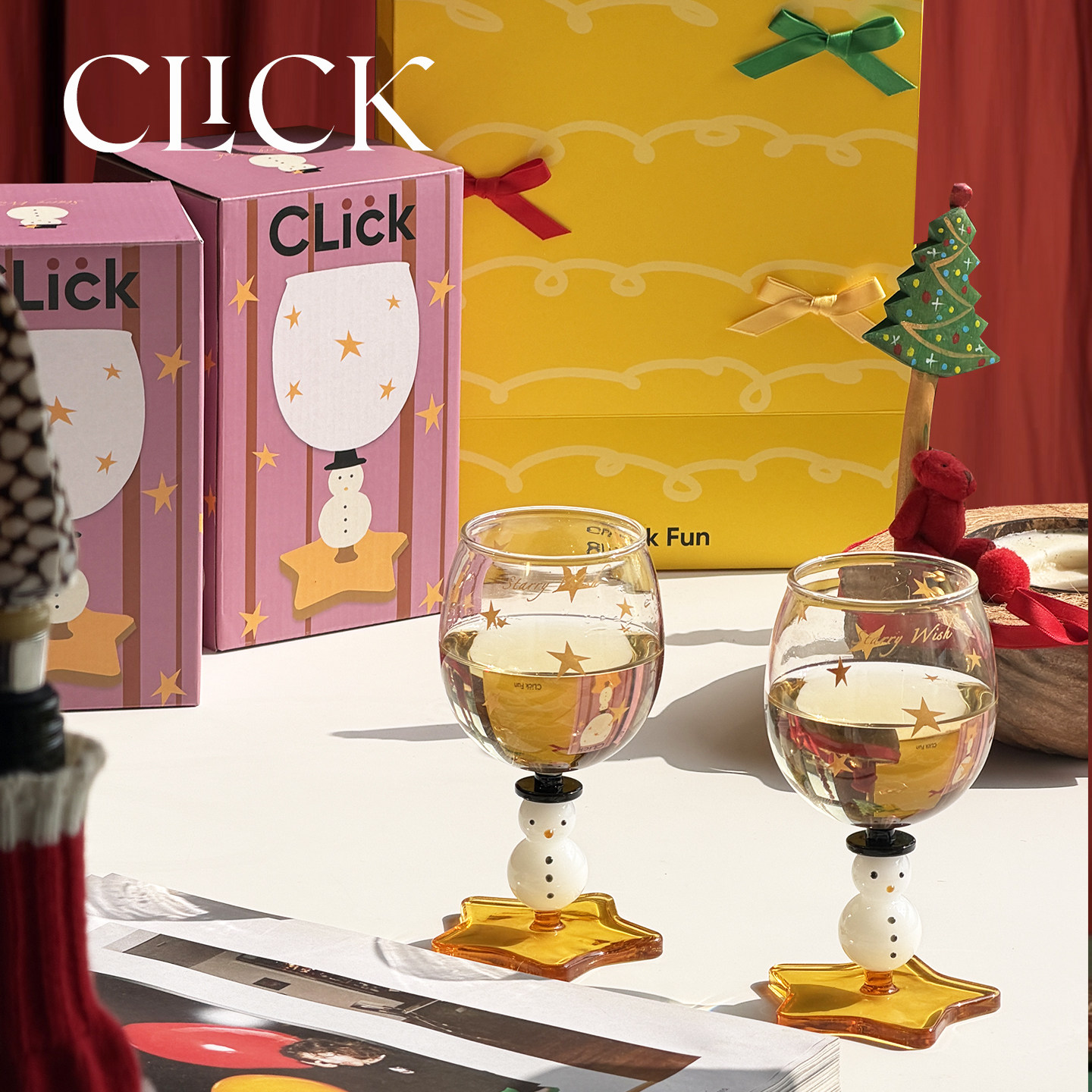 click雪人&星星高脚红酒杯创意香槟鸡尾酒玻璃杯圣诞新年礼物礼盒,淘宝优惠券,粉丝福利购,淘宝优惠卷