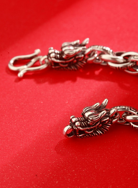 梦祥银925银套环缠绕龙头手链霸气时尚复古做旧男款银链子送男友