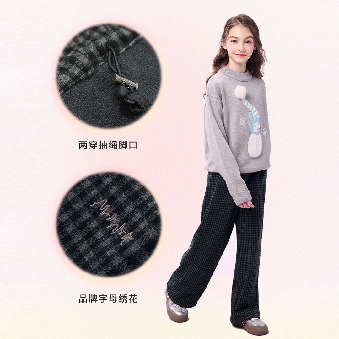 加绒春冬新款女童格子儿童洋气宽松休闲长裤 图文细节