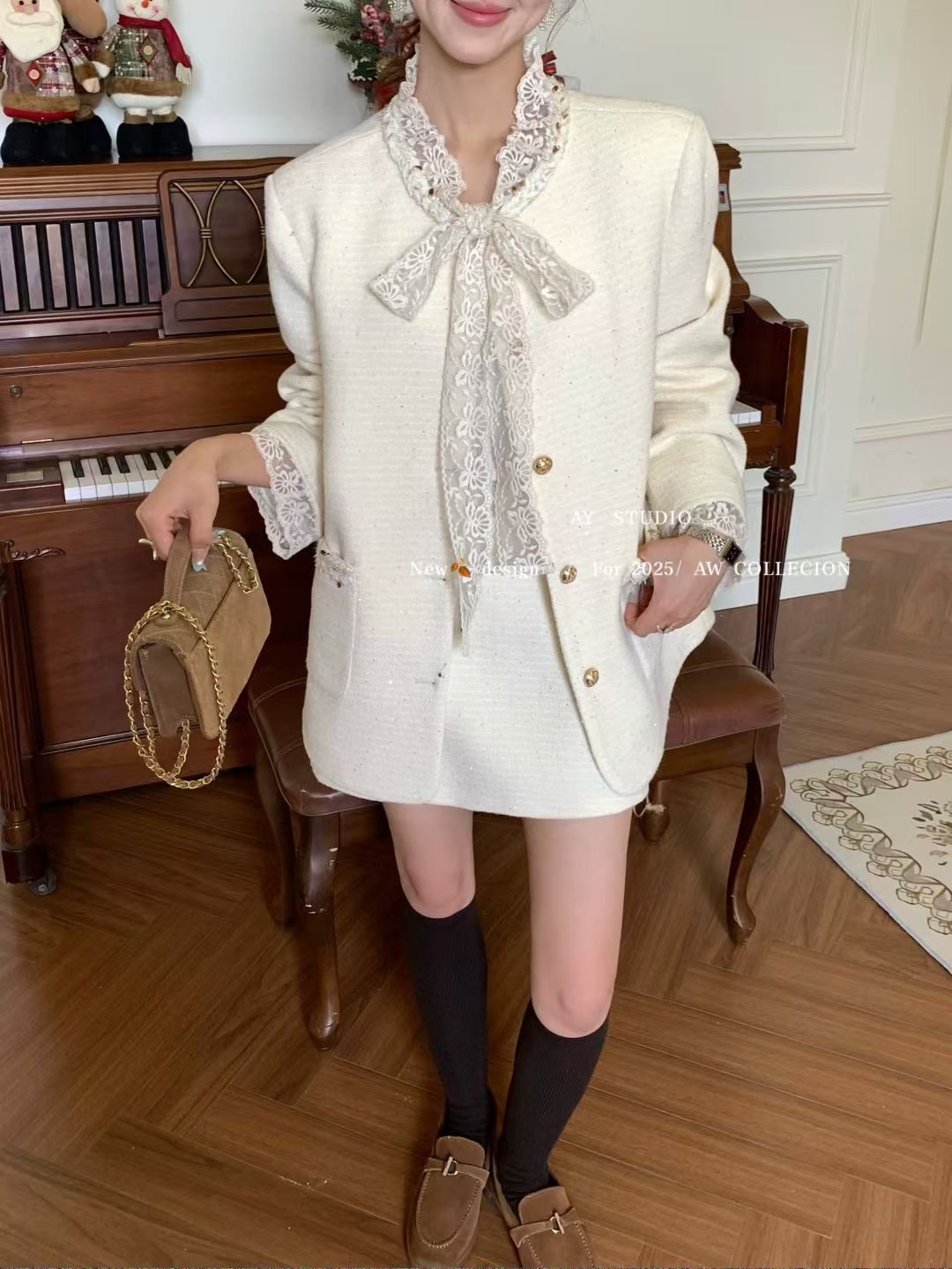 2025冬季新款复古法式千金风蕾丝蝴蝶结外套+连衣裙两件套女套装,淘宝优惠券,粉丝福利购,淘宝优惠卷