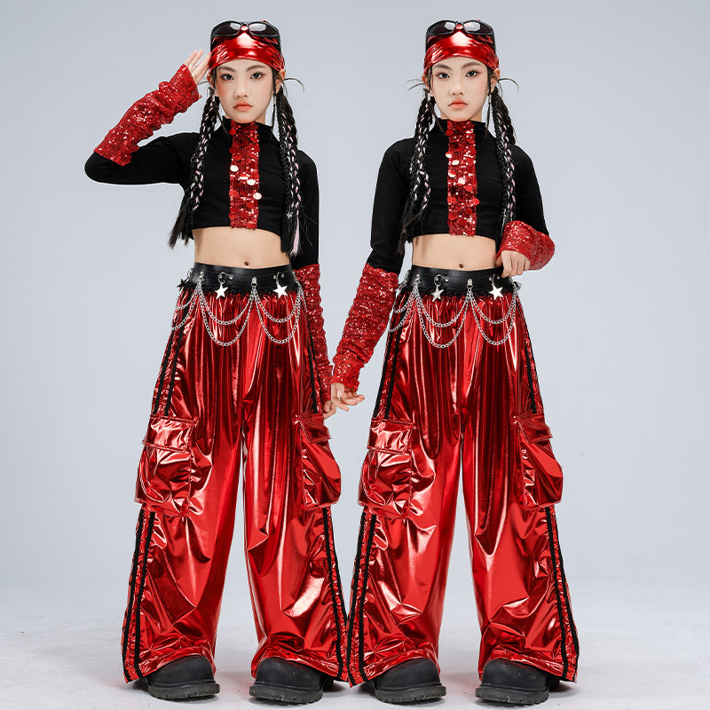 女童爵士舞套装露脐亮片红色亮面皮裤舞蹈服jazz女孩街舞走秀新款,淘宝优惠券,粉丝福利购,淘宝优惠卷