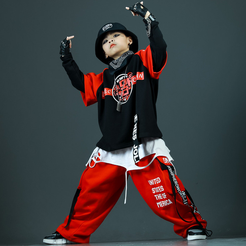 韩版少儿街舞潮男童嘻哈风hiphop演出服红色工装裤假两件卫衣套装,淘宝优惠券,粉丝福利购,淘宝优惠卷