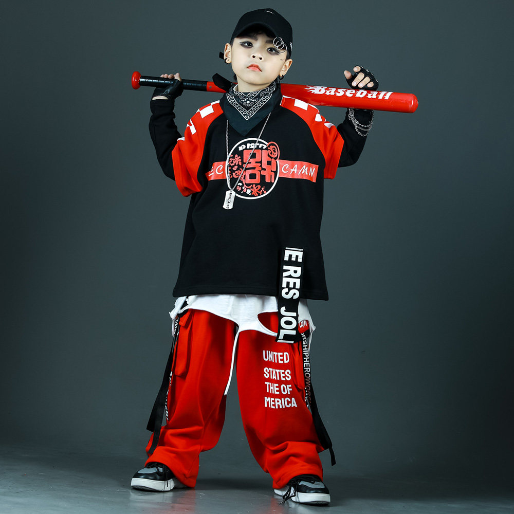 韩版少儿街舞潮男童嘻哈风hiphop演出服红色工装裤假两件卫衣套装,淘宝优惠券,粉丝福利购,淘宝优惠卷
