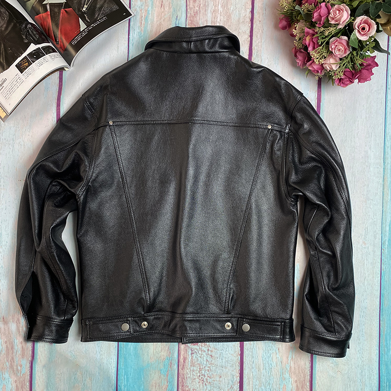 翻领真皮头层牛皮皮衣男秋冬新款短外套宽松港风加肥牛仔皮夹克潮,淘宝优惠券,粉丝福利购,淘宝优惠卷