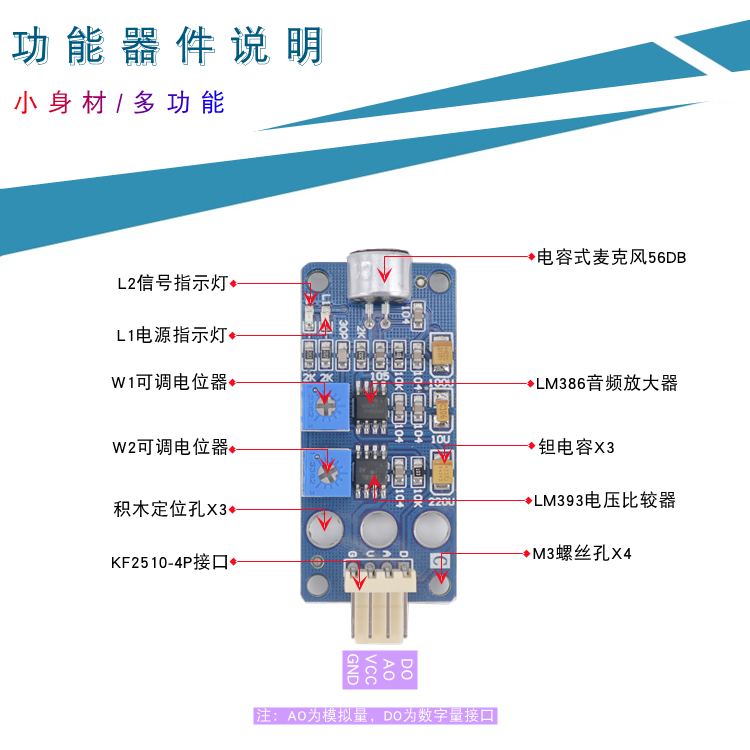 数字+模拟量声音检测模块LM386音频识别声控开关麦克风传感器模块 - 图1