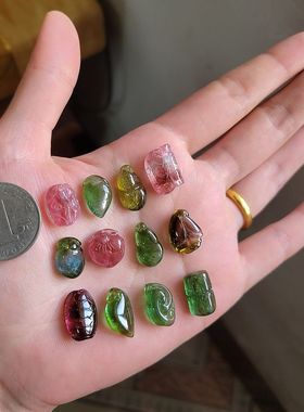 清出天然碧玺吊坠雕刻件一物一图锁骨坠宝宝坠葫芦桃子西瓜碧玺