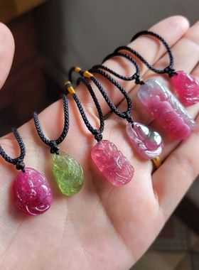 包邮天然碧玺吊坠小雕件鱼牌葫芦卢比来色蓝碧玺手链吊坠一物一图