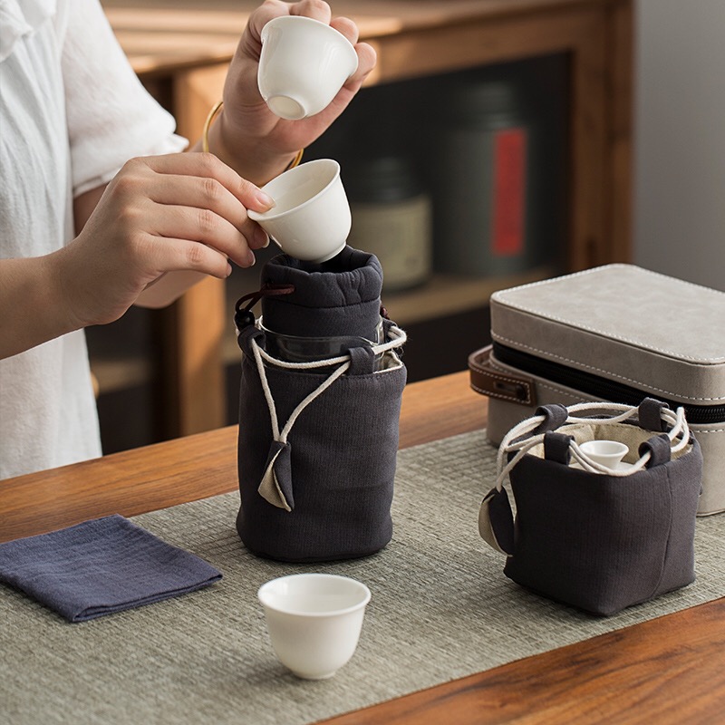 便携式白瓷旅行茶具套装便携包功夫茶具收纳袋陶瓷小套 家用 户外 - 图0
