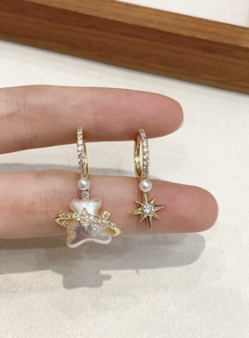 简约百搭锆石小熊芒星耳扣AB款耳环女复古小众闪亮耳饰